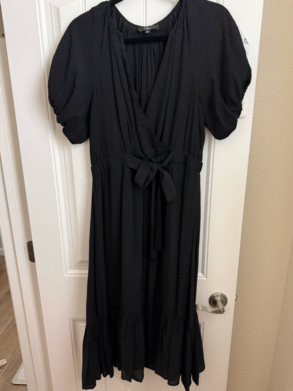 Lulus Adorable Type Black Surplice Puff Sleeve Midi Dress